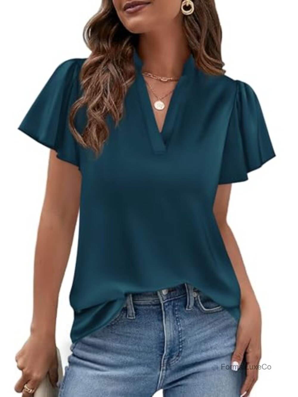 Satin Blouse with Cap Sleeves & V-Neck Dressy Casual